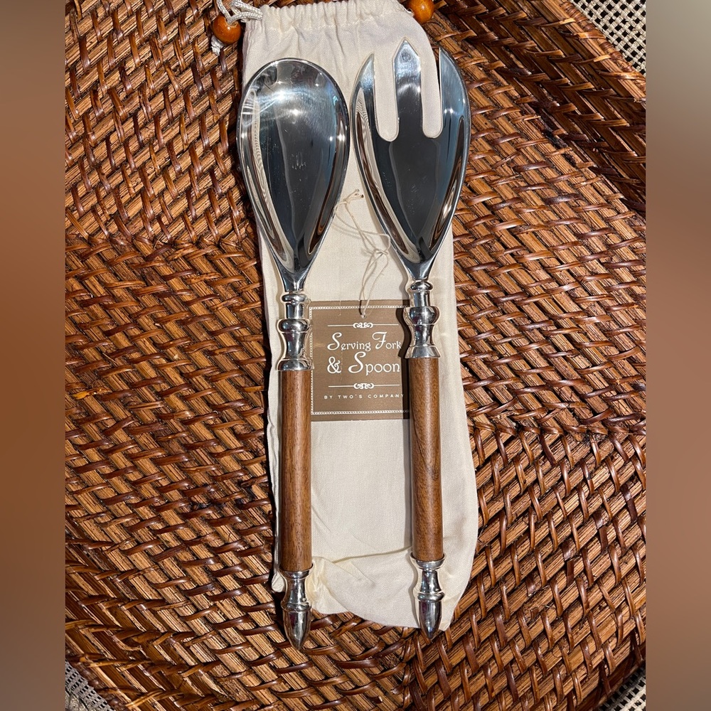 Beautiful Two’s Company Silver Serving Spoon and Fork Set with wood detailing.